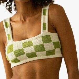 Green and White Checkered Knit Bralette